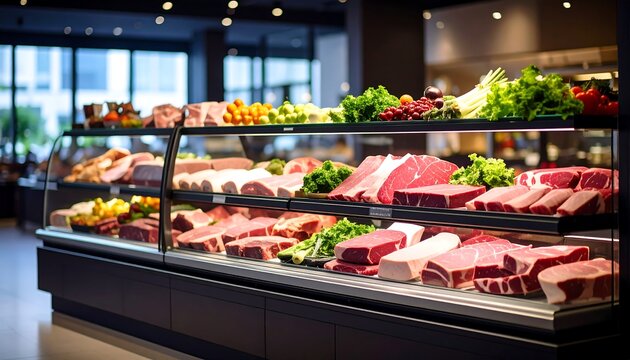 A modern butcher's display counter showcasing a wide variety of fresh, raw meats and garnishes.