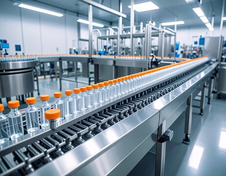 A modern pharmaceutical factory with glass vials on a sterile conveyor belt production line.