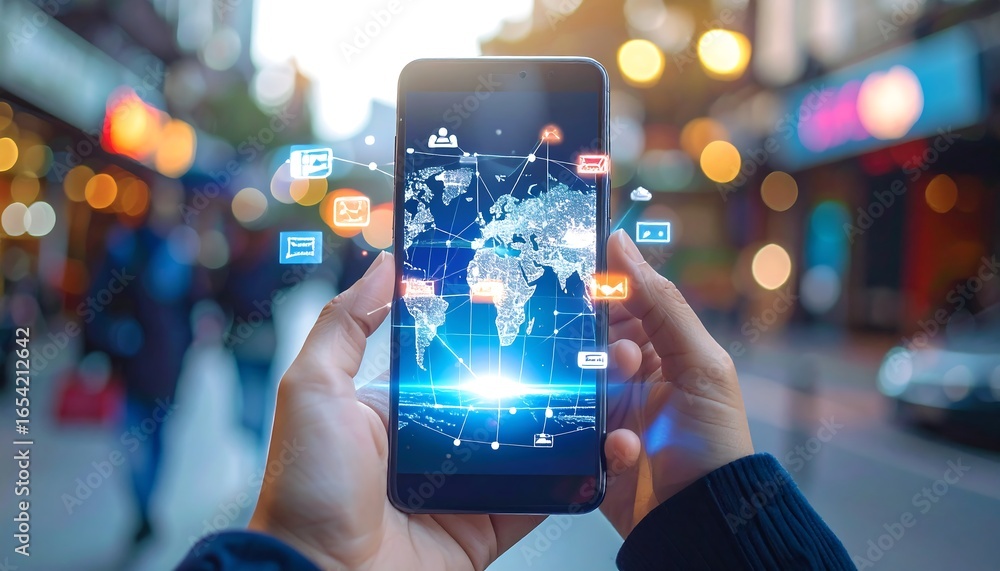 Poster a person holds a smartphone displaying a world map and floating communication icons on a busy city s