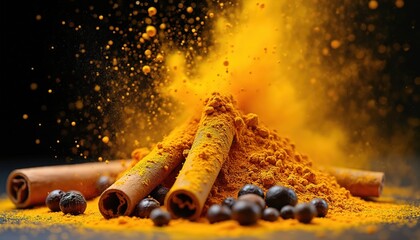 Explosion of vibrant yellow turmeric powder surrounds cinnamon sticks, peppercorns. Aromatic spice mix offers health benefits, rich flavor for culinary uses. Natural organic ingredients, textured