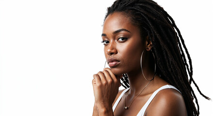 Confident woman with long dreadlocks poses against white background.	