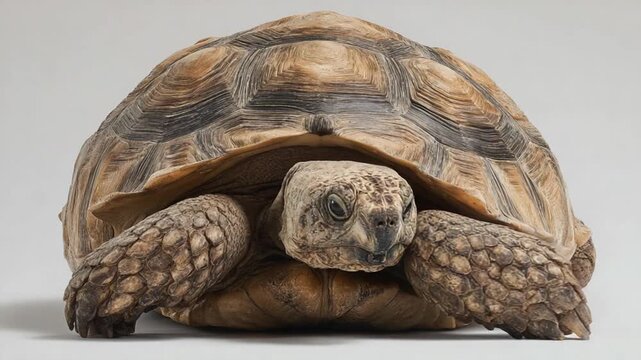 Portrait of a tortoise, showing shell texture and detailed face on a plain backdrop