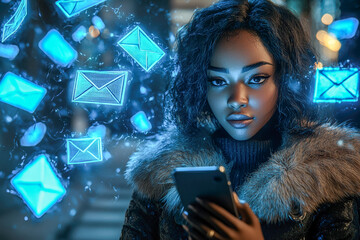 Woman using smartphone amidst digital email messages and glowing icons