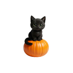 A young black cat looks with wide eyes at a cute pumpkin, a portrait of a domestic pet isolated for Halloween