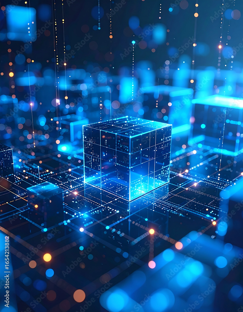 Aufkleber a tech-themed abstract image with transparent blue cubes interconnected by lines and glowing dots.