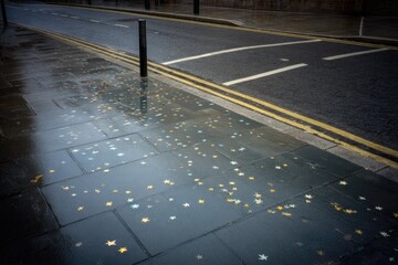 Wet city street pavement reflecting the sky