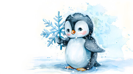 Obraz premium watercolor painting cute baby penguin holding snow