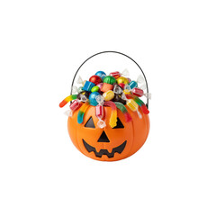 An isolated carved orange pumpkin with a scary face, a classic Halloween jack-o'-lantern decoration filled with candy