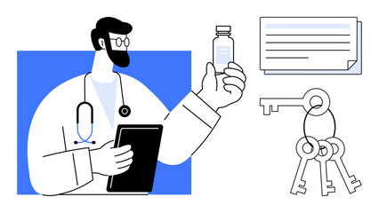 Doctor holding medication and tablet, document and key bundle nearby. Ideal for healthcare, responsibility, decision-making, security, authority, professionalism organization. Simple flat metaphor
