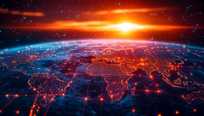 Fototapeta premium Digital network connectivity across the globe at sunset