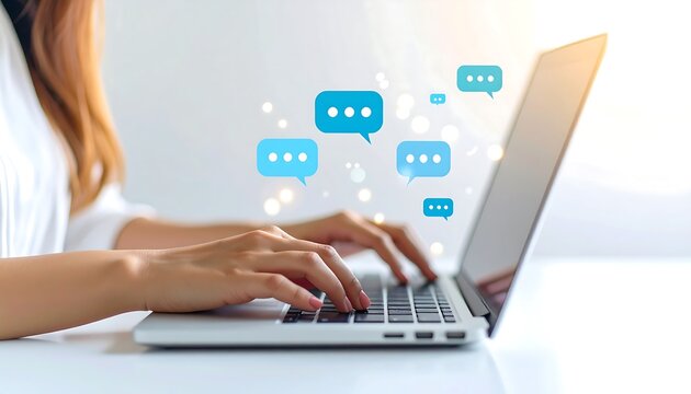 A woman typing on a laptop with blue speech bubbles floating, symbolizing online communication, messaging, or a chatbot interface.
