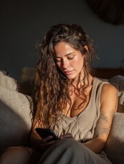Obraz premium Woman using a mobile app on her smartphone sitting in a bright home office