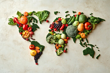 World Food Day, fruits and vegetables arranged in a world map