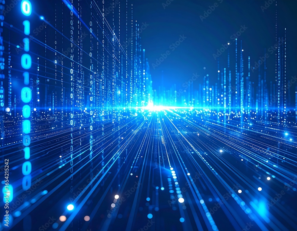 Poster abstract image of blue binary code streams and lines, conveying data flow and technology in a dynami