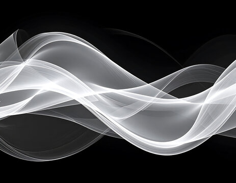 Abstract white and grey wavy lines on a black background, suggesting smooth motion or light streaks.