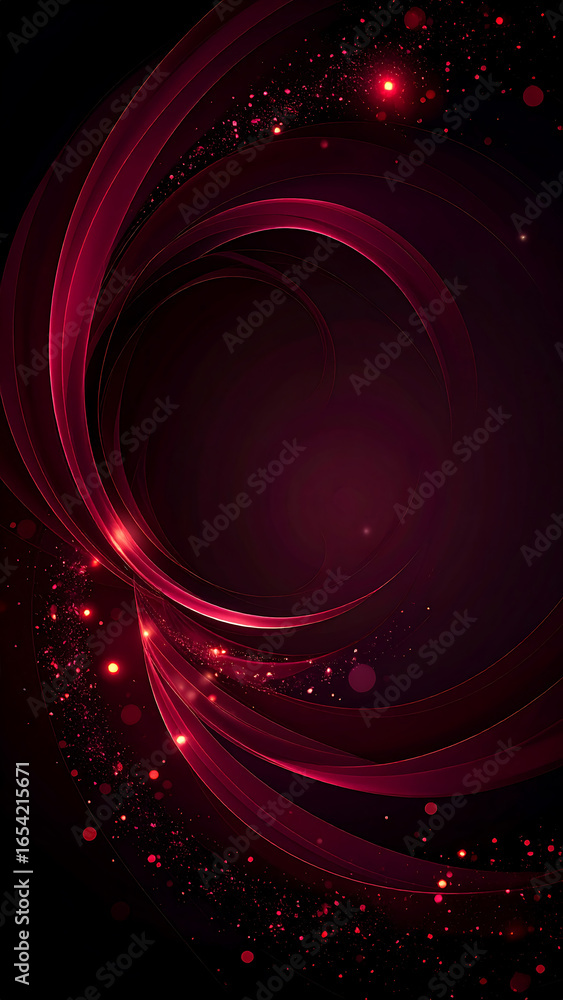 Poster an abstract background with swirling deep red and crimson lines, accented by glowing red particles, 