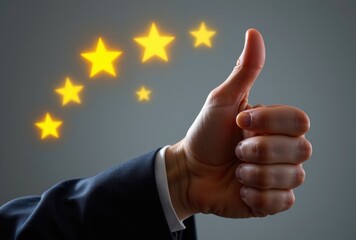 Businessman thumbs up with star rating overlay