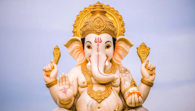 Elephant god statue with four arms holding symbolic items, detailed gold carvings, and serene expression against clear sky background - Powered by Adobe