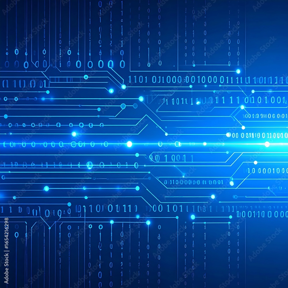 Poster blue abstract background featuring binary code and circuitry.