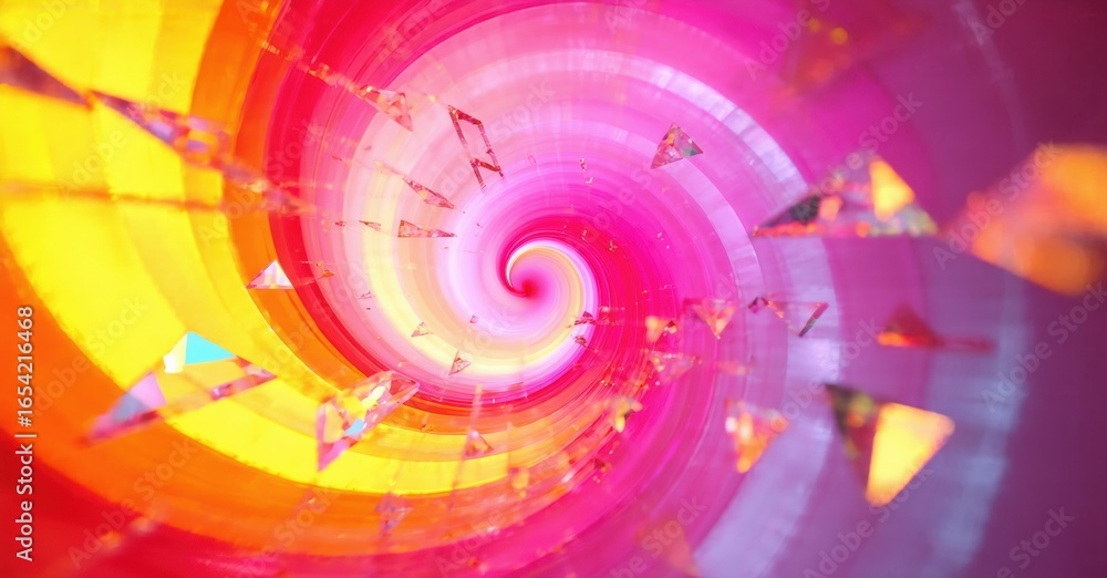 Poster vibrant spiral tunnel. colors blend, creating dynamic visual effect. geometric shapes float within s
