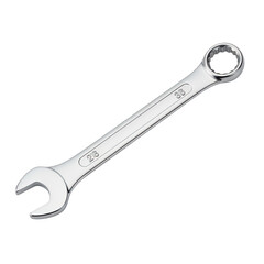 Shiny metal combination wrench tool for mechanical work and repairs isolated on transparent background