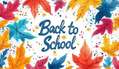 Autumn leaves frame with "Back to School" text in colorful cartoon style on white background, perfect for seasonal social media posts or banner designs
