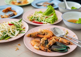 Close-up of leftover food on plates, highlighting the issue of food waste