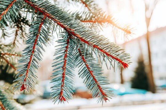 Close-up of a vibrant blue-green fir branch with red tips, sunlit - Powered by Adobe
