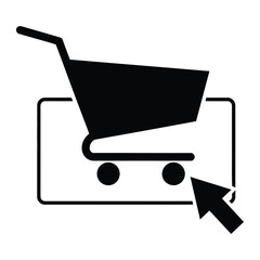 A black shopping cart icon on a white background with a mouse pointer clicking on the cart icon vector