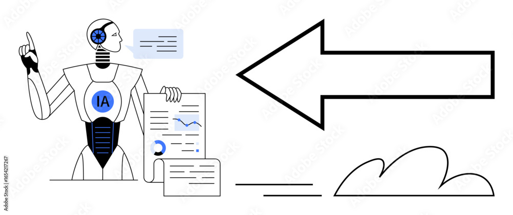 Aufkleber ai robot analyzing data with charts and graphs, pointing to a bold left arrow. ideal for technology,
