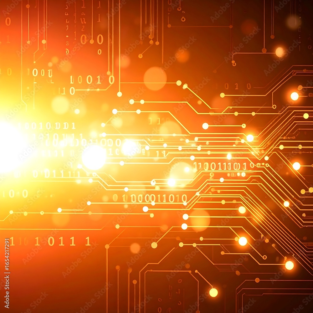 Poster glowing orange circuit board with binary code and light effects, symbolizing digital technology and 