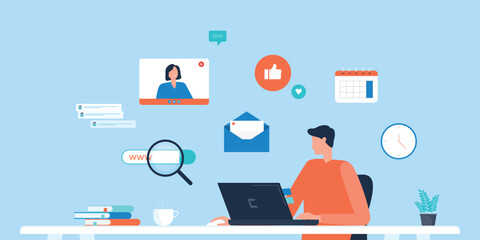 flat vector illustration businessman working concept. and meeting with an online conference.
