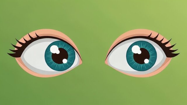 Pair of stylized, wide, teal-blue eyes with dark eyelashes on a light green background
