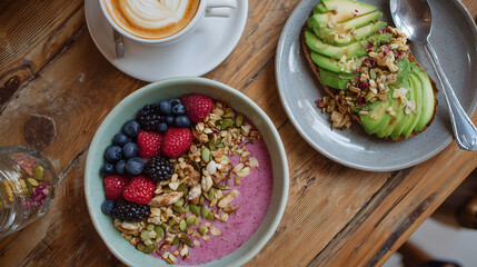 A bird's-eye view of fruit and tableware arranged together