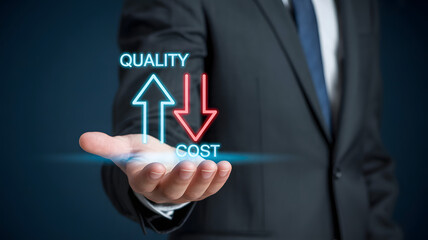 Businessman presenting Quality up and Cost down concept for business success