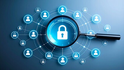 Magnifying glass over glowing padlock in digital network, symbolizing cybersecurity and data protection.