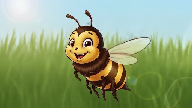 Animated bumblebee character in flight against a sunny, grassy, blue sky backdrop