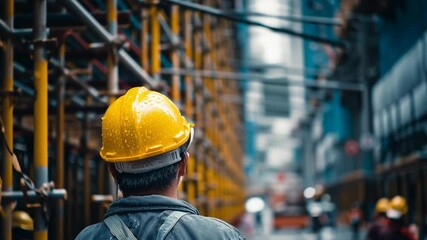 A man wearing a yellow hard hat is walking down a street. Concept of safety and caution, as the man is wearing a hard hat