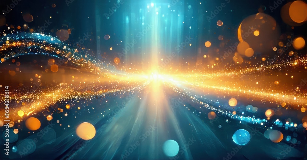 Poster bright energy flows forward. golden particles, blue light create dynamic visual effect. abstract, fu