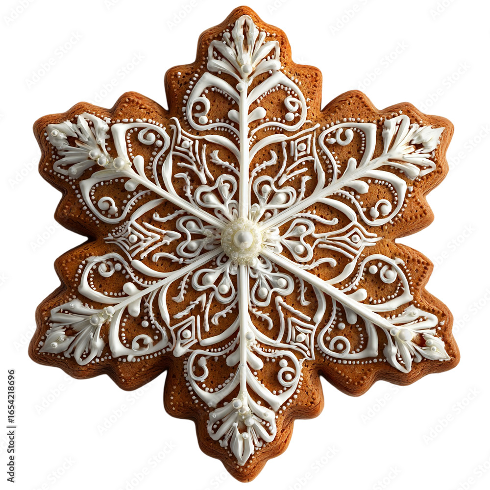 Poster a gingerbread snowflake cookie with detailed white icing on a black background isolated on transpare