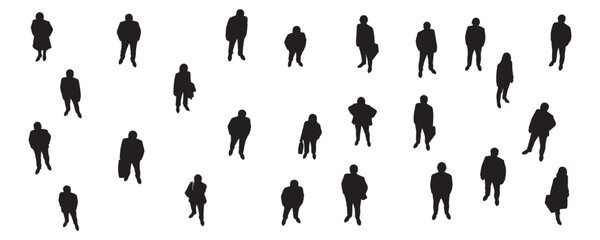 Architectural drawings of walking people top perspective silhouette vector illustration for urban planning layouts campus design pedestrian pathways and crowd movement visualization