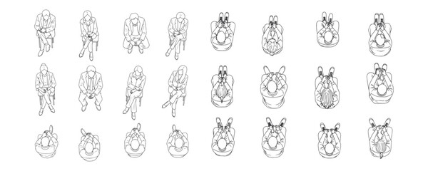 Architectural drawings of sitting people top perspective vector illustration for urban layouts campus design public space planning furniture arrangement and crowd visualization © MkJutt