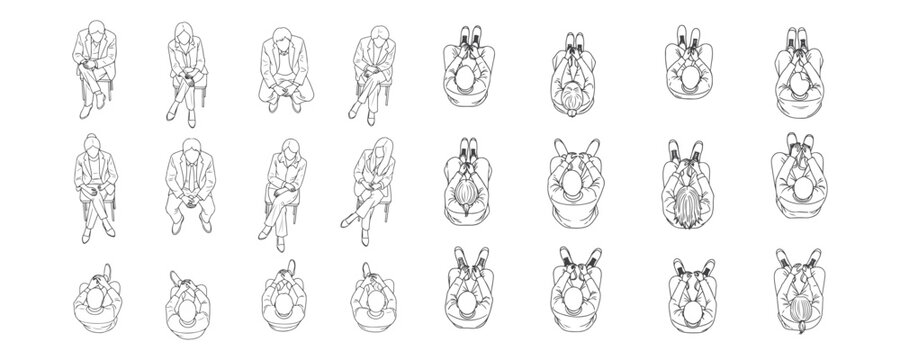 Architectural drawings of sitting people top perspective vector illustration for urban layouts campus design public space planning furniture arrangement and crowd visualization
