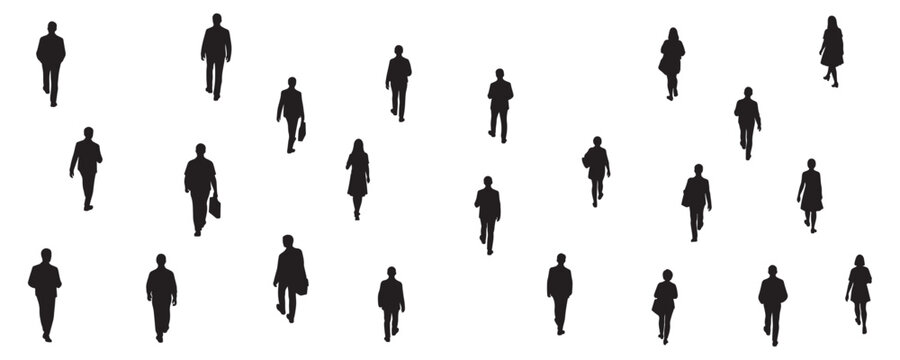 Architectural drawings of walking people top back perspective silhouette vector illustration for urban planning layouts campus design pedestrian pathways and crowd movement visualization