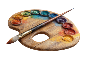 Close-up of a weathered wooden artist's palette with paint wells and a paintbrush