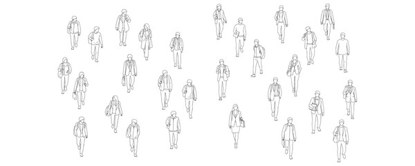 Architectural drawings of walking students top perspective minimal line art illustration of people in motion for urban planning layouts educational campus designs and crowd flow visualization