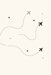 A minimalist background featuring airplane icons with dotted line flight paths, a clean and simple travel pattern symbolizing journeys, routes, and global connections.
