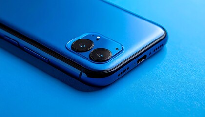 Close-up of a vibrant blue smartphone, showcasing its sleek design and dual camera lens.