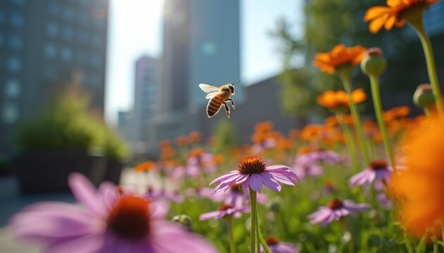 Bee flies in urban garden with wildflowers on city rooftop. Nature scene shows pollination process with blooming flowers and green plants. Insect in habitat against blurred skyscrapers. - Powered by Adobe