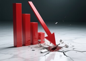Red 3D bar chart with descending arrow crashing floor